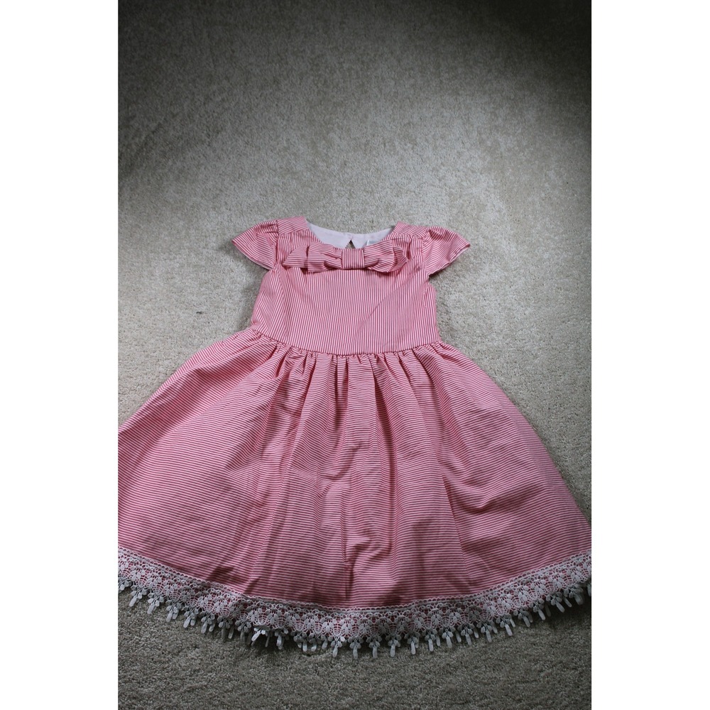 Rare Editions Dress Girls 6 Pink White Striped Bow‎ Lace Trim Cap Sleeve Party